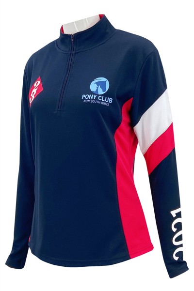 Customized multi-color color matching half chest zipper design flat machine neck contrast color printing logo women's horse racing training suit   W222 45 degree